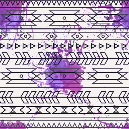 Vector seamless decorative ethnic pattern with watercolor splashのイラスト素材