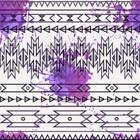 Vector seamless decorative ethnic pattern with watercolor splashのイラスト素材