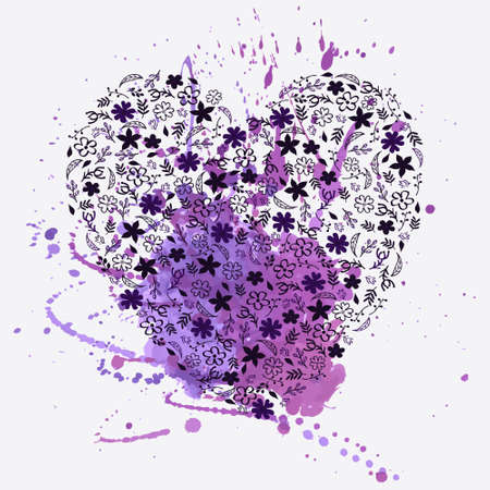 Vector illustration of floral heart and watercolor splashのイラスト素材