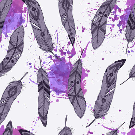 Vector seamless pattern with feathers and watercolor splashesのイラスト素材
