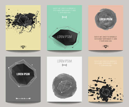 Vector set of modern posters with geometrical shapes and splashes. Trendy hipster style for flyers, banners, invitations, business contemporary design.のイラスト素材