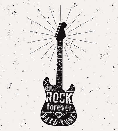 Vector vintage guitar label with sunburst, diamond, bones, arrows, stars and typography elements. Grunge rock and roll style.のイラスト素材