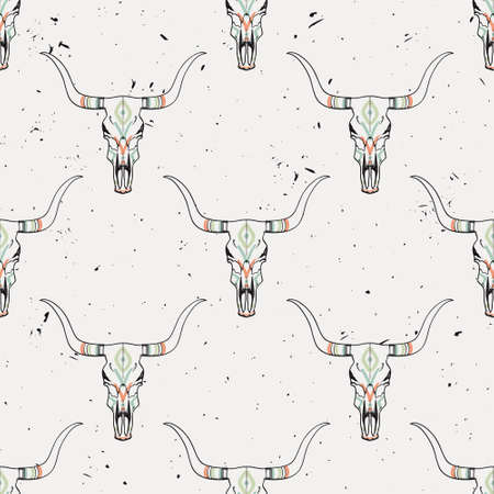 Vector grunge seamless pattern with bull skull and ethnic ornamentのイラスト素材
