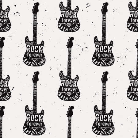 Vector vintage seamless pattern with guitar, diamond, bones, arrows, stars and typography elements. Grunge rock and roll style.のイラスト素材