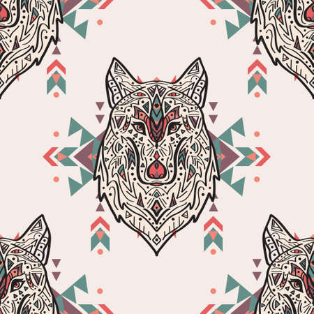 Vector grunge colorful seamless pattern with tribal style wolf with ethnic ornaments. American...
