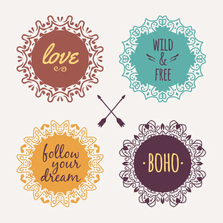 Vector set with ornamental tribal floral frames. Ethnic collection with decorative round elements in boho style.のイラスト素材