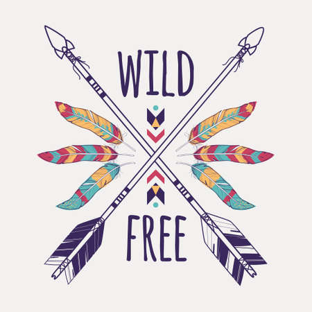 Vector colorful illustration with crossed ethnic arrows, feathers and tribal ornament. Boho and hippie style. American indian motifs. Wild and Free poster.のイラスト素材