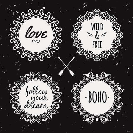 Vector set with ornamental tribal floral frames. Ethnic collection with decorative round elements in boho style.のイラスト素材