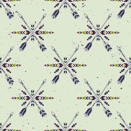 Vector grunge seamless pattern with crossed ethnic arrows and tribal ornament. Boho and hippie style. American indian motifs.のイラスト素材