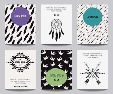 Vector set of modern posters with tribal elements: ethnic ornaments, arrows, dream catcher, feathers. Trendy boho style for banners, invitations, business design. Templates with american indian motifsのイラスト素材