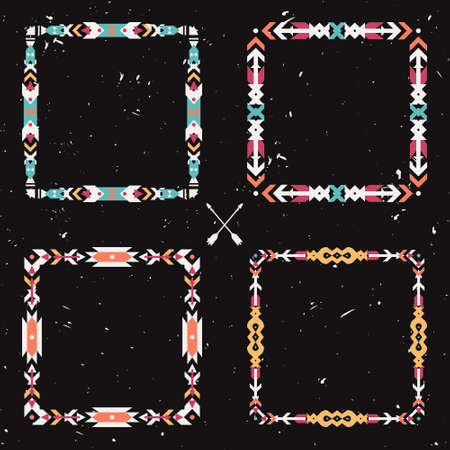 Vector grunge set with abstract geometric ethnic frames. Tribal graphic design elements. Boho style. American indian and aztec motifs.のイラスト素材