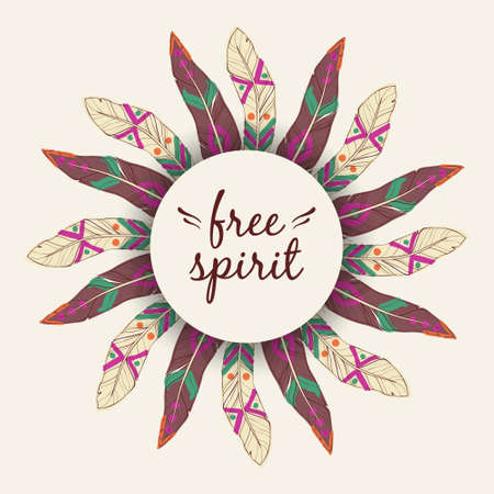 Vector ethnic illustration with feather frame in boho style. Tribal design. Free spirit concept.のイラスト素材
