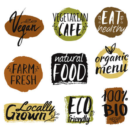 set with healthy, eco and organic food labels. Can be used for vegetarian restaurant, vegan cafe menu. Farm fresh and bio food concept.のイラスト素材