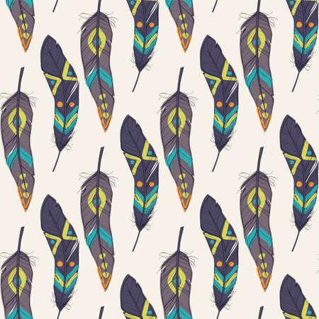 colorful seamless ethnic pattern with decorative feathers. Boho style.のイラスト素材