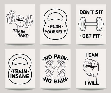 Vector set of modern fitness templates with hands, dumbbells, weight and motivational phrases. Trendy workout backgrounds.のイラスト素材