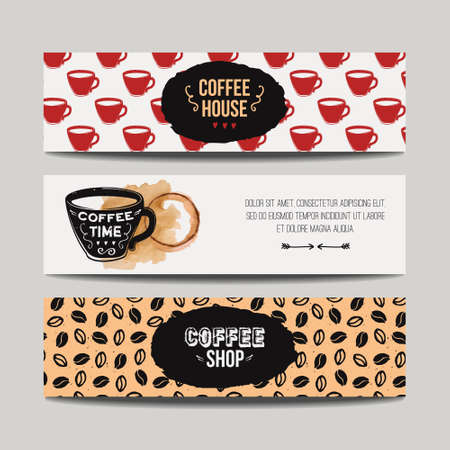 Vector colorful set of modern banners with coffee backgrounds. Trendy hipster templates for flyers, posters, invitations, restaurant or cafe menu design.のイラスト素材
