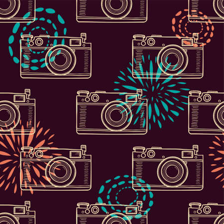 Vector colorful vintage seamless pattern with retro cameras. Trendy hipster styleのイラスト素材