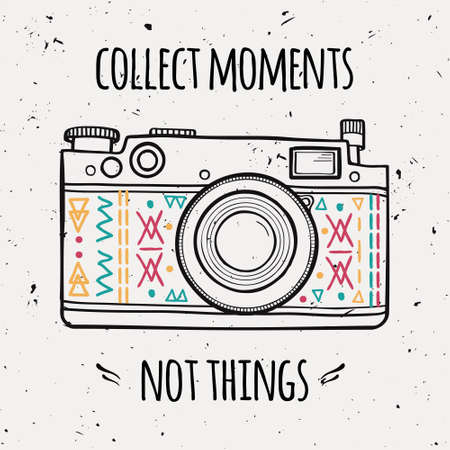 Vector illustration with retro photo camera and typography phrase "Collect moments not things".のイラスト素材