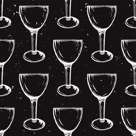 Vector grunge seamless pattern with wine glasses on black background. Hand drawn style.のイラスト素材