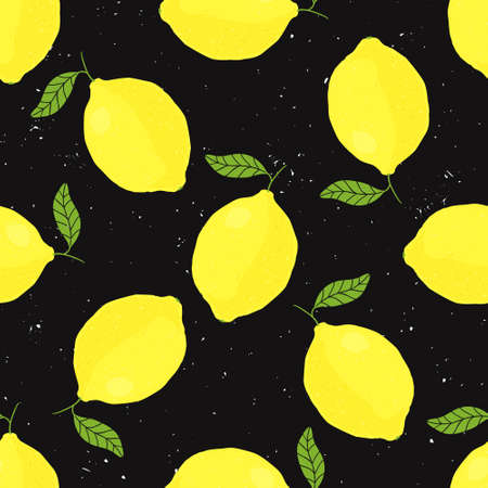 grunge seamless pattern with lemons on black backgroundのイラスト素材