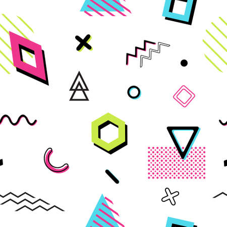 Vector seamless retro comic memphis pattern with geometric elements. Chaotic trendy geometry in minimalistic flat style. Suitable for posters, covers, prints.のイラスト素材