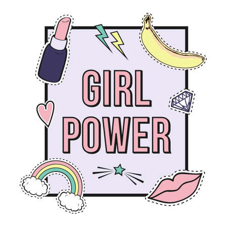 poster "Girl Power" with cute fashion patch badges: lips, rainbow, star, diamond, lipstick. Trendy collection of stickers, pins, patches in cartoon comic style.のイラスト素材