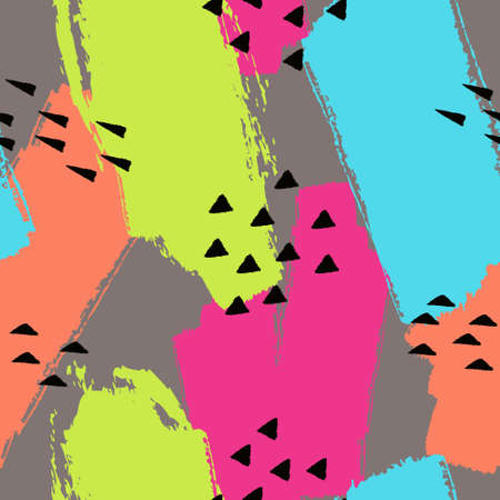 Vector abstract hand drawn seamless pattern with geometric and brush painted elements. Textured colorful background. Poster, card, textile, wallpaper template.のイラスト素材