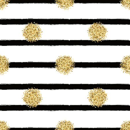 Vector seamless pattern with gold glitter circles and black stripesのイラスト素材