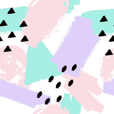 Vector abstract hand drawn seamless pattern with geometric and brush painted elements. Textured background with gold glitter and pastel colors. Poster, card, textile, wallpaper template.のイラスト素材