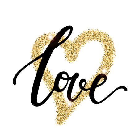 Vector trendy illustration with "Love" lettering and golden glitter effect. Handwritten design. Modern calligraphy.のイラスト素材