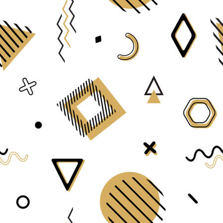 Vector seamless memphis pattern with geometric elements in black and gold. Chaotic trendy geometry in minimalistic flat style. Suitable for fashion, posters, covers, prints.のイラスト素材