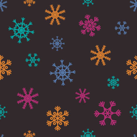 Vector colorful Christmas seamless pattern with abstract snowflakes on black background. Winter design.のイラスト素材