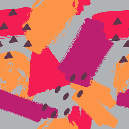 Vector abstract hand drawn seamless pattern with geometric and brush painted elements. Textured colorful background. Poster, card, textile, wallpaper template.のイラスト素材