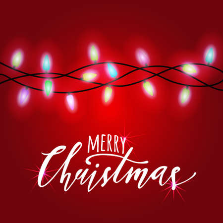 Vector greeting Christmas card with colorful glowing lights and lettering. Holiday illustration.のイラスト素材