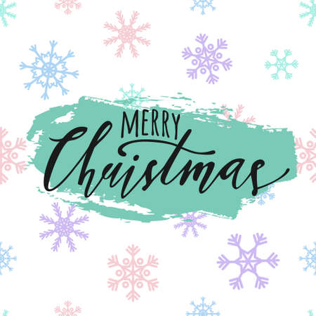 Vector Merry Christmas illustration with snowflakes pattern and hand drawn lettering on white background. Creative typography for holiday greeting poster.のイラスト素材
