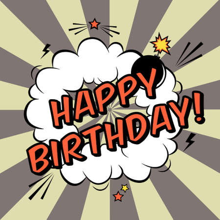 Vector Happy Birthday greeting card in comic book style. Trendy pop art illustration with speech bubble, rays and bomb explosion.のイラスト素材