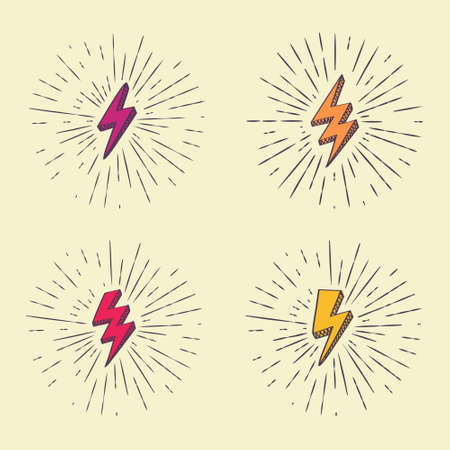 Vector colorful retro set with lightning bolt signs with sunburst effect.のイラスト素材