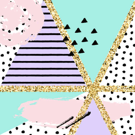 Vector abstract hand drawn pattern with geometric and brush painted elements. Textured background with gold glitter and pastel colors. Poster, card, textile, wallpaper template.のイラスト素材