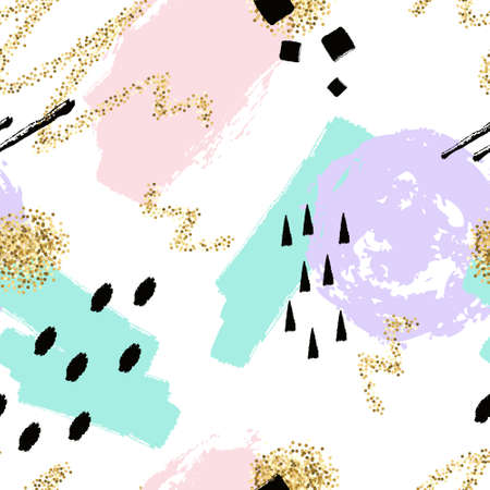 Vector abstract hand drawn seamless pattern with geometric and brush painted elements. Textured background with gold glitter and pastel colors. Poster, card, textile, wallpaper template.のイラスト素材