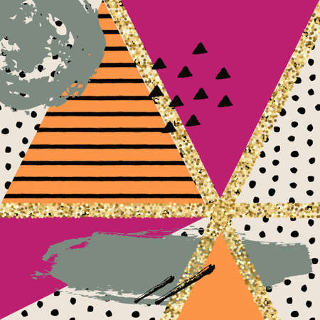 Vector abstract hand drawn pattern with geometric and brush painted elements. Textured background with gold glitter. Poster, card, textile, wallpaper template.のイラスト素材