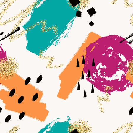 Vector abstract hand drawn seamless pattern with geometric and brush painted elements. Textured background with gold glitter. Poster, card, textile, wallpaper template.のイラスト素材