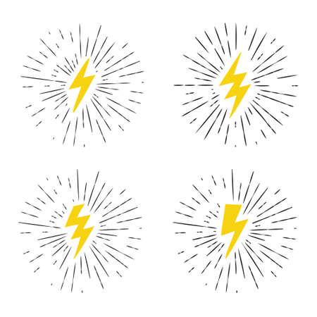Vector black and yellow grunge retro set with lightning bolt signs with sunburst effect.のイラスト素材