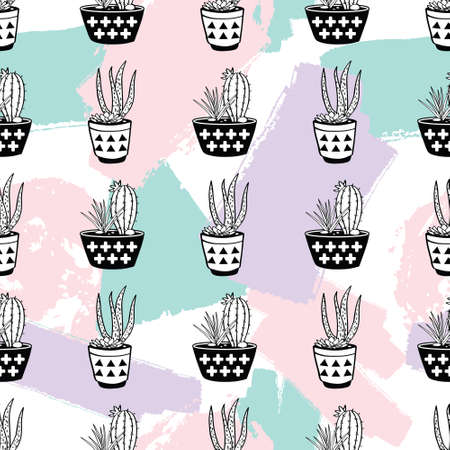 Vector hand drawn seamless pattern with geometric and brush painted elements, cactuses and succulents in pots.のイラスト素材