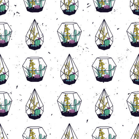 Vector colorful hand drawn seamless pattern with cactuses and succulents in terrariums on grunge...