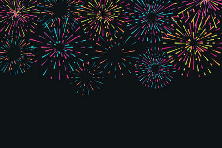 Vector illustration with different colorful fireworks on dark backgroundのイラスト素材