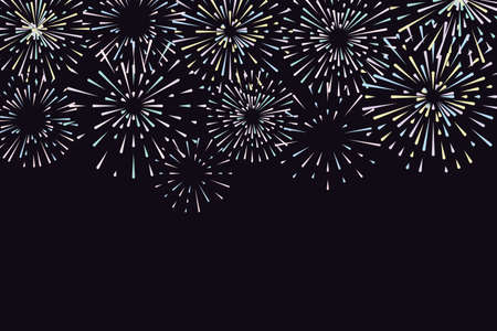 Vector illustration with different colorful fireworks on dark backgroundのイラスト素材