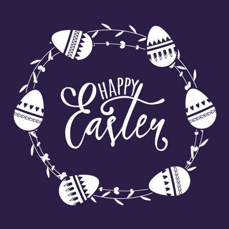 Vector Happy Easter illustration with decorative wreath and eggs. Greeting card with frame and floral elements.のイラスト素材