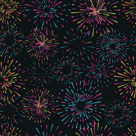 Vector seamless pattern with different colorful fireworks on dark backgroundのイラスト素材