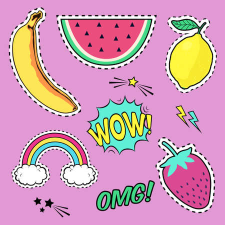 Vector set with cute fashion patch badges: banana, watermelon, lemon, strawberry, speech bubble, rainbow, stars. Trendy summer collection of stickers, pins, patches in cartoon comic style.のイラスト素材