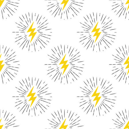 Vector seamless pattern with yellow lightning bolt signs with sunburst effect.